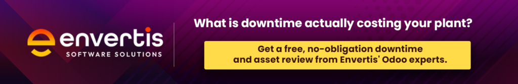 Purple Envertis Software Solutions banner promoting AI ERP services with the headline "What is downtime actually costing your plant?" and a call-to-action inviting readers to get a free, no-obligation downtime and asset review from Envertis' Odoo experts.