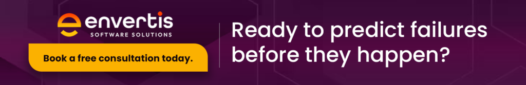 Purple Envertis Software Solutions banner with the headline "Ready to predict failures before they happen?" and a prominent call-to-action button inviting users to "Book a free consultation today."