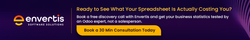 Envertis Software Solutions banner inviting businesses to book a free 30-minute Odoo consultation and discovery call.