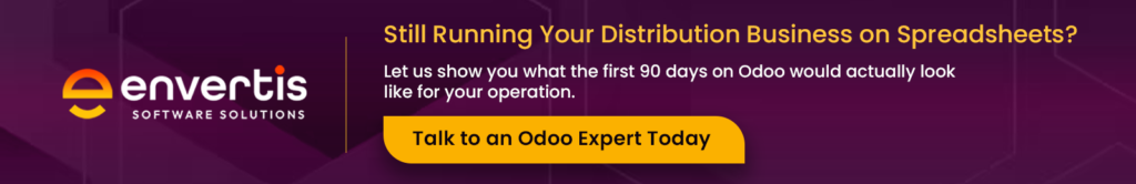 Envertis Software Solutions banner encouraging distribution businesses to book a consultation with an Odoo expert to replace spreadsheet-based operations.