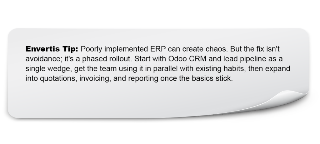 Envertis tip recommending a phased Odoo ERP rollout, starting with CRM and lead management before expanding to quotations, invoicing, and reporting.