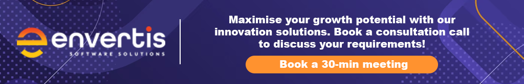 Envertis Software Solutions promotional banner inviting businesses to book a 30-minute consultation to discuss innovation and growth opportunities.