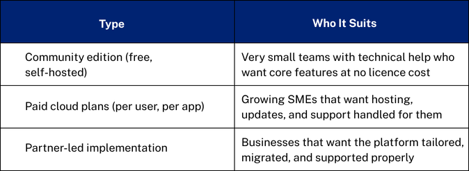 Table comparing Odoo Community, Cloud, and Partner implementation options for SMEs.