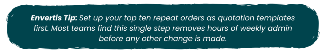 Envertis Tip recommending quotation templates for the top ten repeat orders to reduce weekly administrative work.