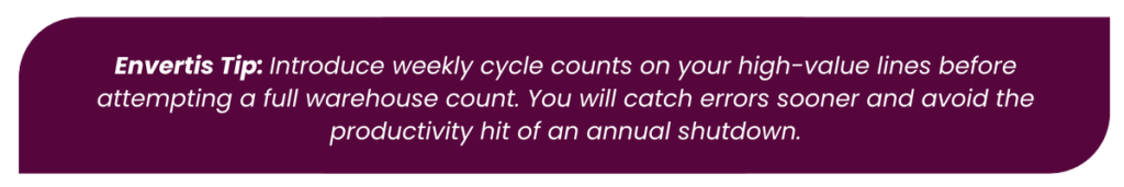 Envertis Tip recommends weekly cycle counts for high-value inventory lines to catch errors early and avoid the productivity impact of annual warehouse counts.