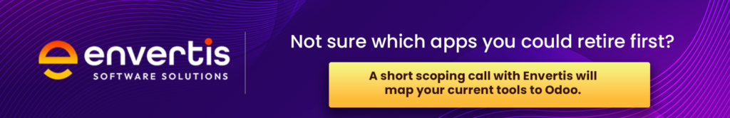 Envertis banner inviting businesses to book a scoping call to map existing tools to Odoo apps.
