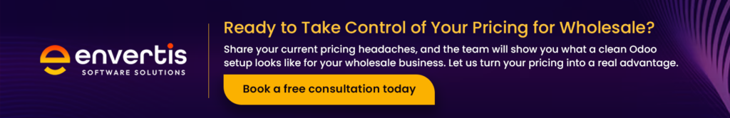 Envertis wholesale pricing consultation banner promoting Odoo pricing strategy and a free consultation.