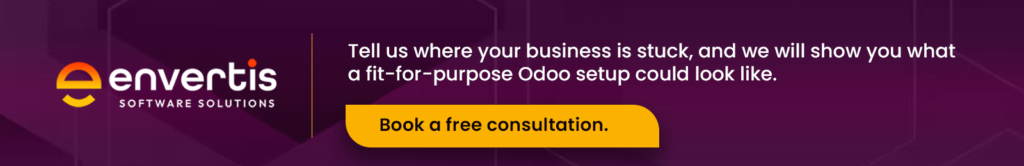 Envertis Odoo consultation banner inviting businesses to share their challenges and discover a fit-for-purpose Odoo setup, with a call to book a free consultation.