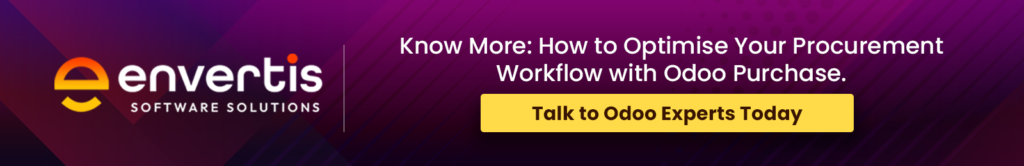 Envertis banner promoting Odoo Purchase, inviting businesses to learn how to optimise procurement workflows and talk to Odoo experts.