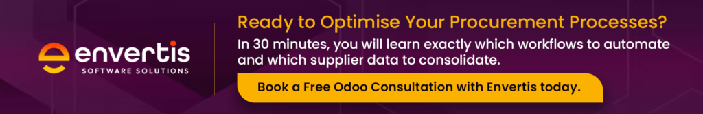 Envertis banner inviting businesses to optimise procurement processes with a free Odoo consultation, including guidance on automating workflows and consolidating supplier data.