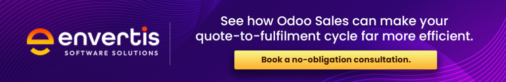 Envertis banner promoting Odoo Sales to streamline the quote-to-fulfilment cycle, with a call to book a no-obligation consultation.