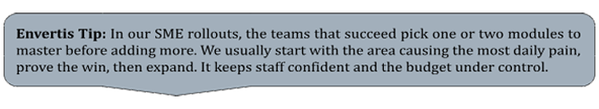 Envertis tip recommending SMEs start with one or two Odoo modules before expanding.