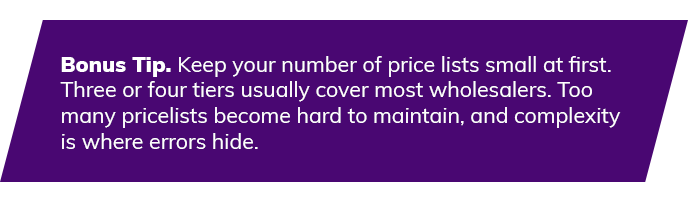 Odoo price list tip recommending wholesalers start with three or four pricing tiers to reduce complexity and errors.