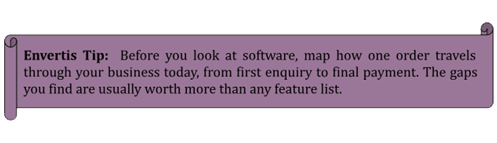 Envertis Tip: Map how one order travels through your business from first enquiry to final payment to identify process gaps before choosing software.