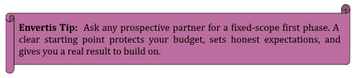 Envertis Tip: Ask prospective Odoo partners for a fixed-scope first phase to protect your budget, set clear expectations, and establish a practical foundation.
