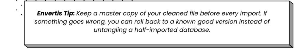 Envertis tip recommending keeping a master copy of cleaned data files before every Odoo import for easy rollback if errors occur.