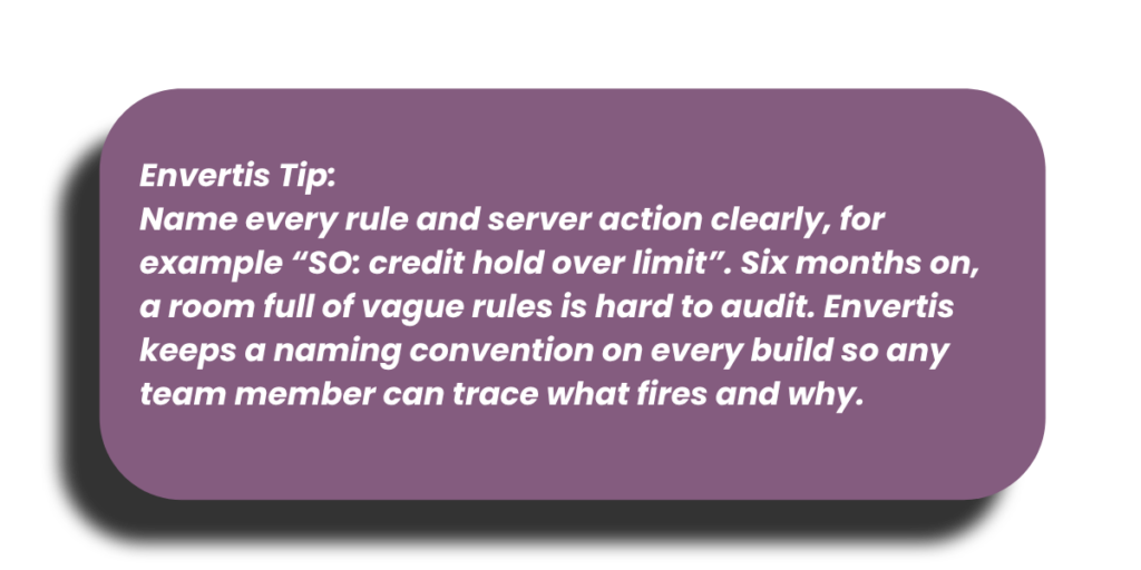 Envertis Tip recommending clear naming for every Odoo rule and server action, using “SO: credit hold over limit” as an example to make automation rules easier to audit and trace.