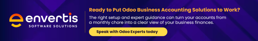 Envertis banner promoting Odoo business accounting solutions, highlighting expert guidance to transform monthly financial accounts into a clear view of business finances.