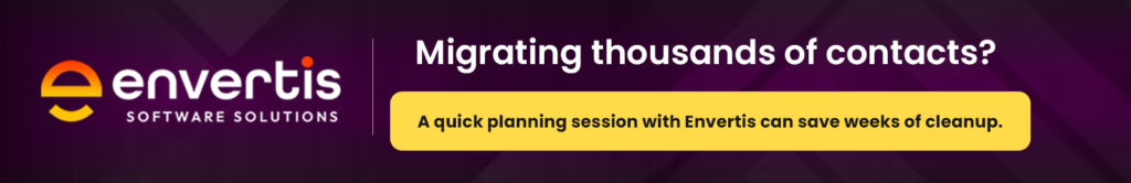 Envertis banner promoting a planning session for migrating thousands of contacts and reducing data cleanup time.