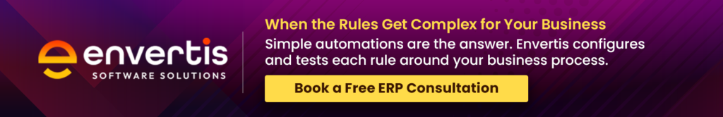 Envertis Software Solutions banner promoting free ERP consultation for businesses with complex rules, highlighting simple automations configured and tested around business processes.