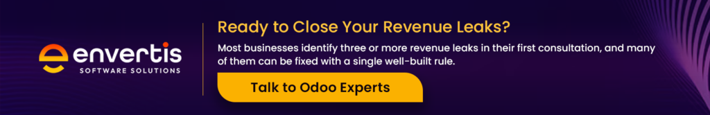 Envertis Software Solutions banner encouraging businesses to close revenue leaks by identifying and addressing three or more revenue gaps with Odoo experts through a consultation.