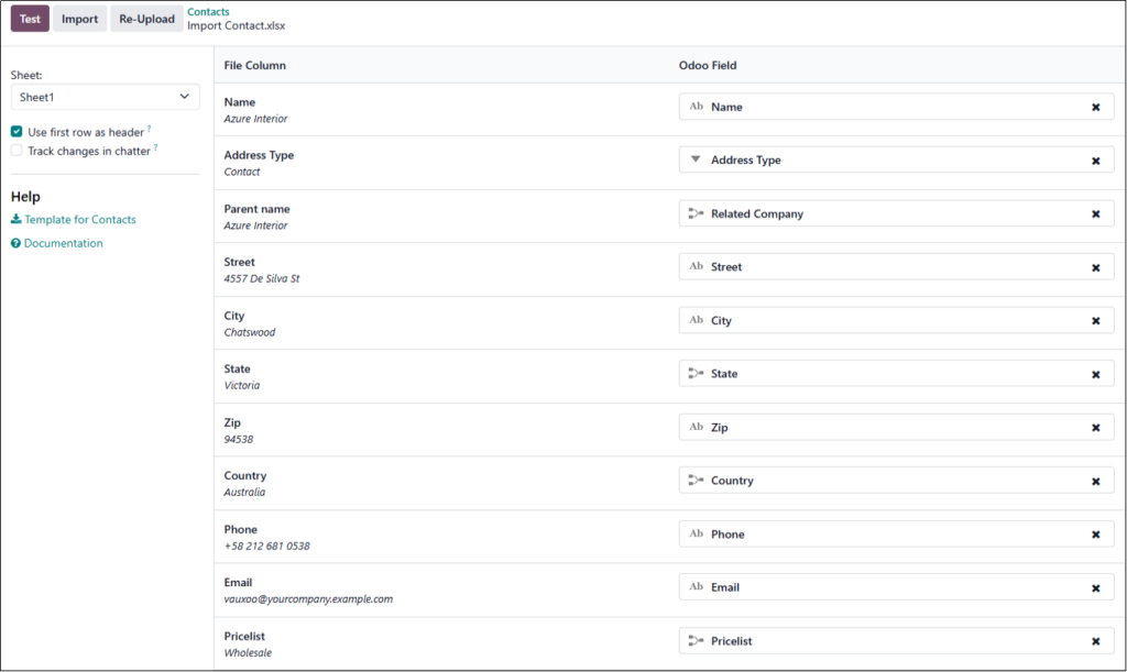 Map your columns to Odoo fields